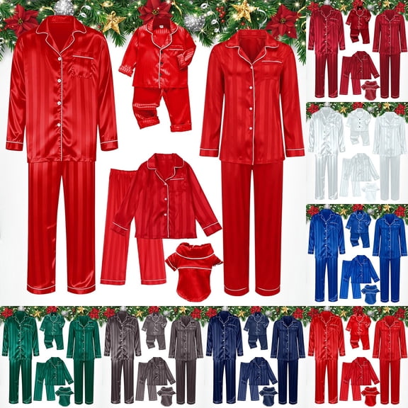 Harpily Family Christmas Pajama Sets Satin Polyester Long Sleeve Button Down Shirts Chest Pocket Sleepwear for Holiday Outfits
