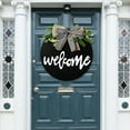 thumbnail image 4 of Corona de puerta para decoración de exteriores, letrero de bienvenida con cinta de celosía de búfalo y plantas verdes, decoraciones para el hogar para casas de campo y de playa, decoración rústica, 4 of 4