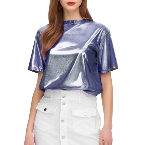 Top brillante de seda para mujer - Camiseta holgada con mangas cortas y purpurina