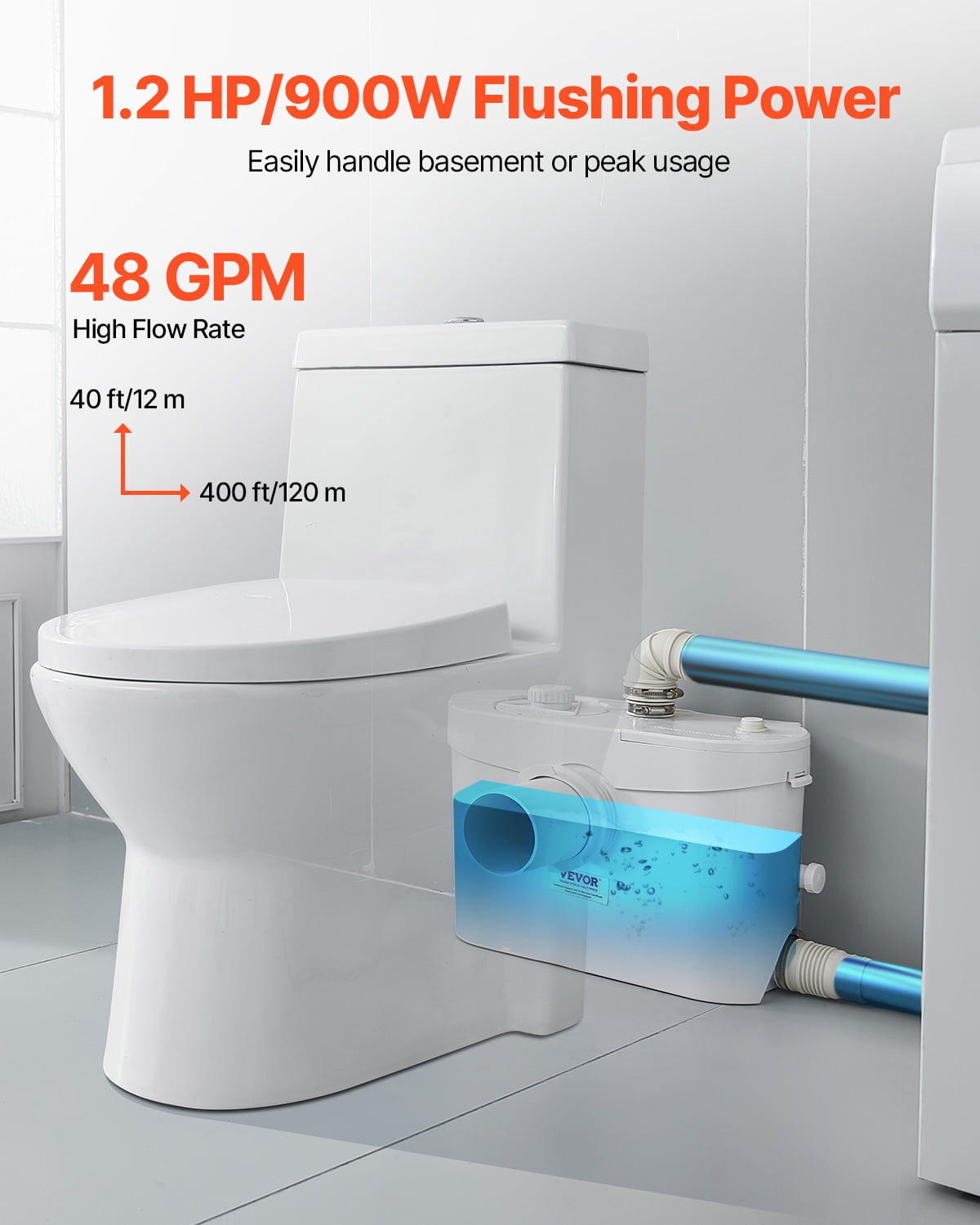 VEVOR Macerator Pump, 900W,48 GPM Flow, 40 ft/12 m Head, Macerator Sewerage Toilet Pump with 4 Water Inlets, Waste Water Disposal Upflush Machine for Toilet,Basement, Shower, Sink, Laundry, Bathtub