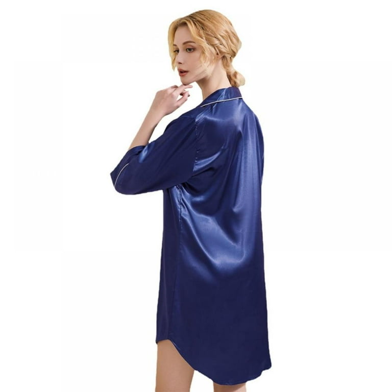 Senert Satin Nightgown for Women Button Down Sleep Shirt Short Sleeve  Sleepwear Pajama Dress Boyfriend Nightshirt S-XXL