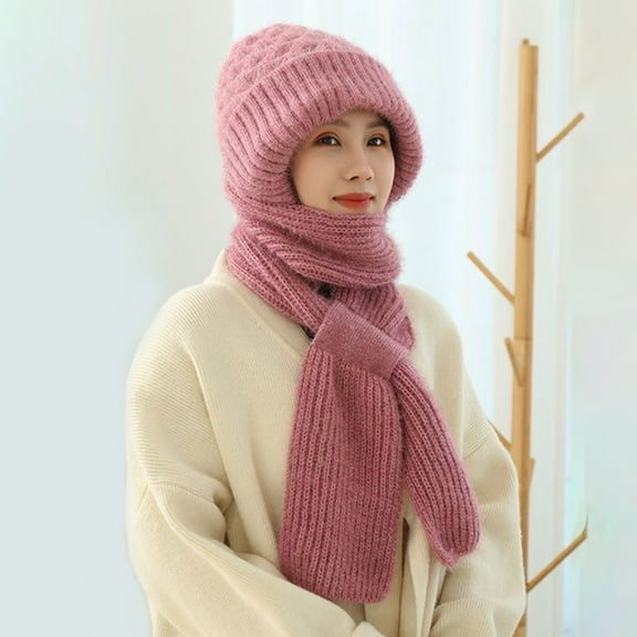 harmtty Winter Warm Hat with Scarf Solid Color Friendly to Skin Windproof Thickened Ear Outdoor Beanie Hat for Women Grey