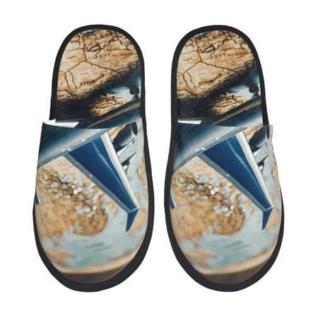 Balery Airplane World Map Adventure Slient Indoor Furry Fleece Comfort House Shoes Soft Non-Slip Home Shoes Cotton slippers House Slippers-- Medium