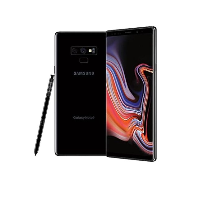 celular samsung galaxy note 9 Reacondicionado 128gb azul desbloqueado, vista frontal y trasera en 3/4 con pantalla encendida y lápiz S Pen al lado, carcasa azul oscuro brillante, doble cámara horizontal y lector de huellas trasero sobre fondo blanco.