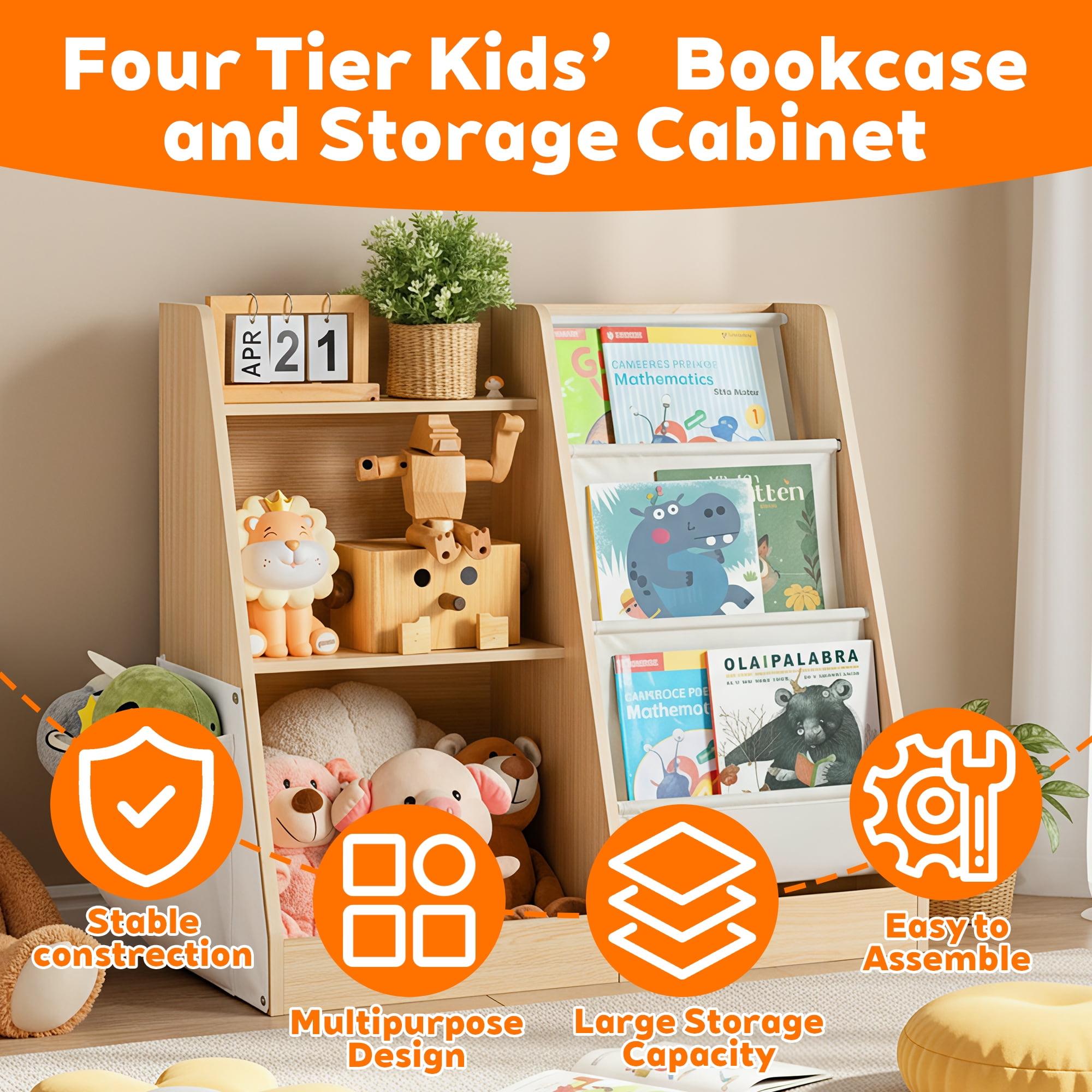 MAYEERTY Natural Wood Kids Bookshelf, 3-Tier Bookcase with Side Pocket, Children's Storage Organizer for Books & Toys
