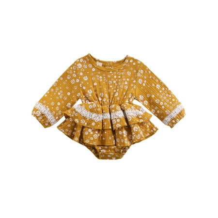 

Sunisery Newborn Baby Girls Jumpsuits Autumn Outfits Flowers Printed Ruffle Long Sleeve Dress Jumpsuit Clothes Yellow 2-3 Years