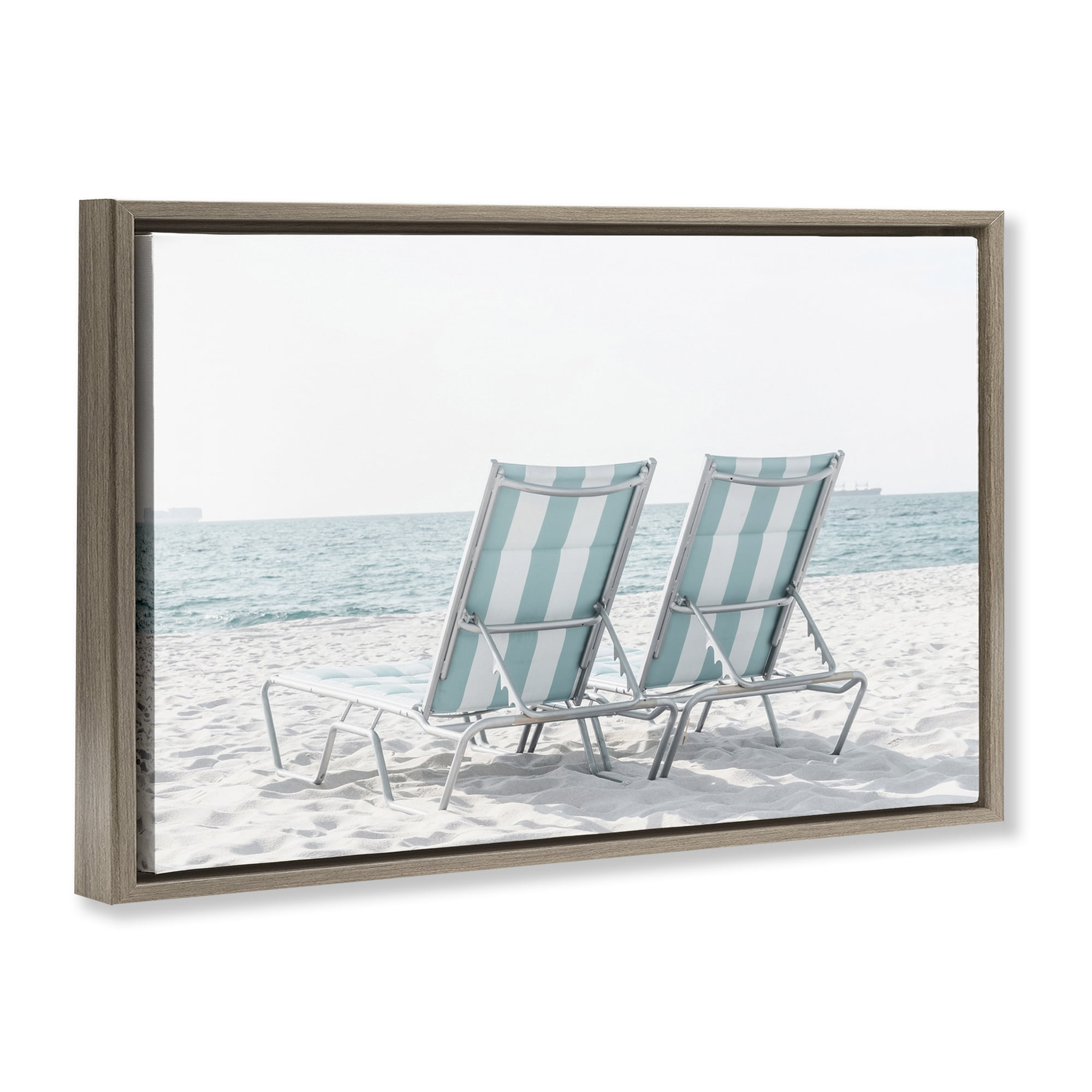 Stupell Industries Blue Beach Chairs Pair Nautical & Beach Photography Brown Floater Framed Canvas Art Print Wall Art, 31 x 21