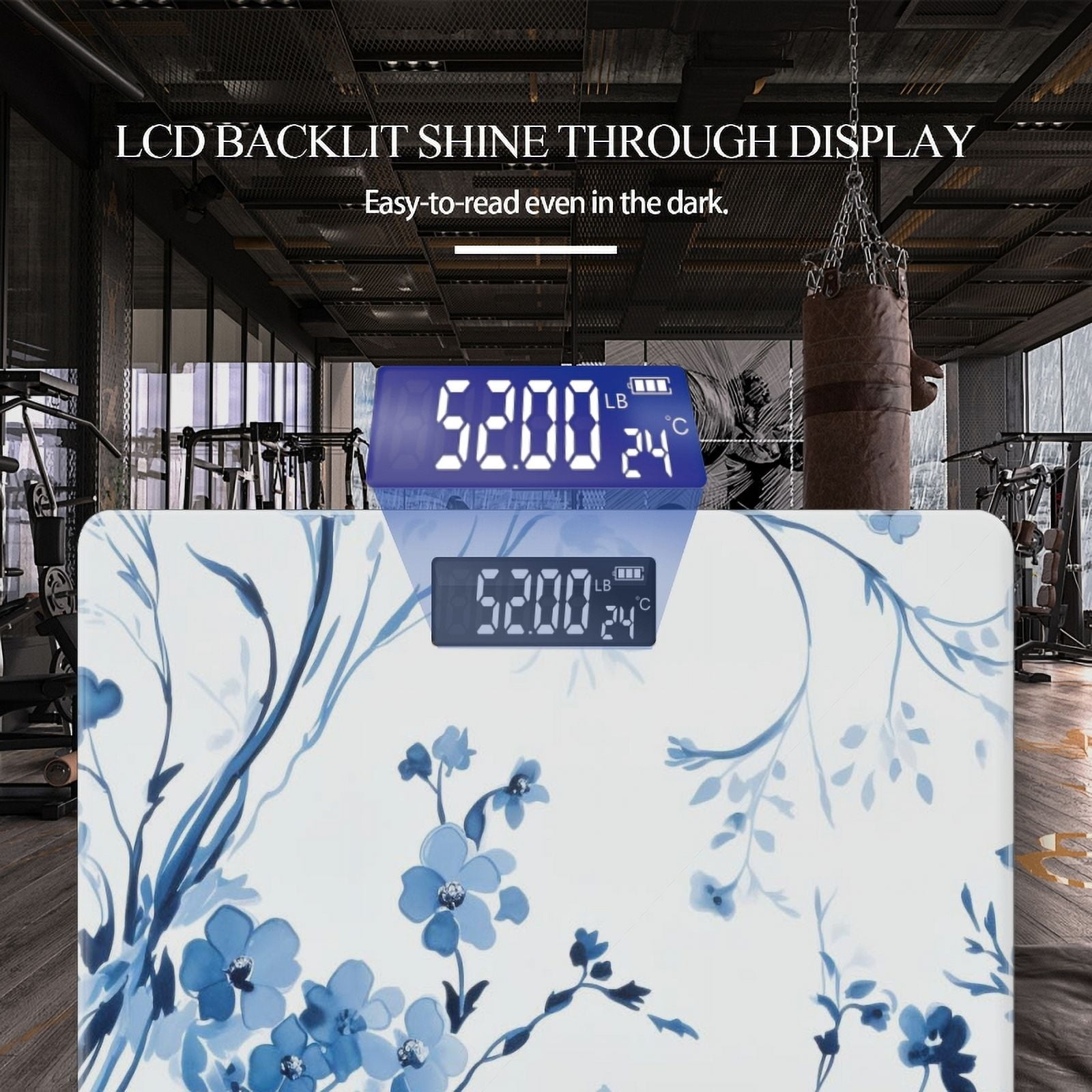 Bathroom Scale, Highly Accurate Digital Body Scale,Precisely Measures Weight up to 400 lbs-Blue And White Ink Painting Depicting A Pattern Of Small Flowers