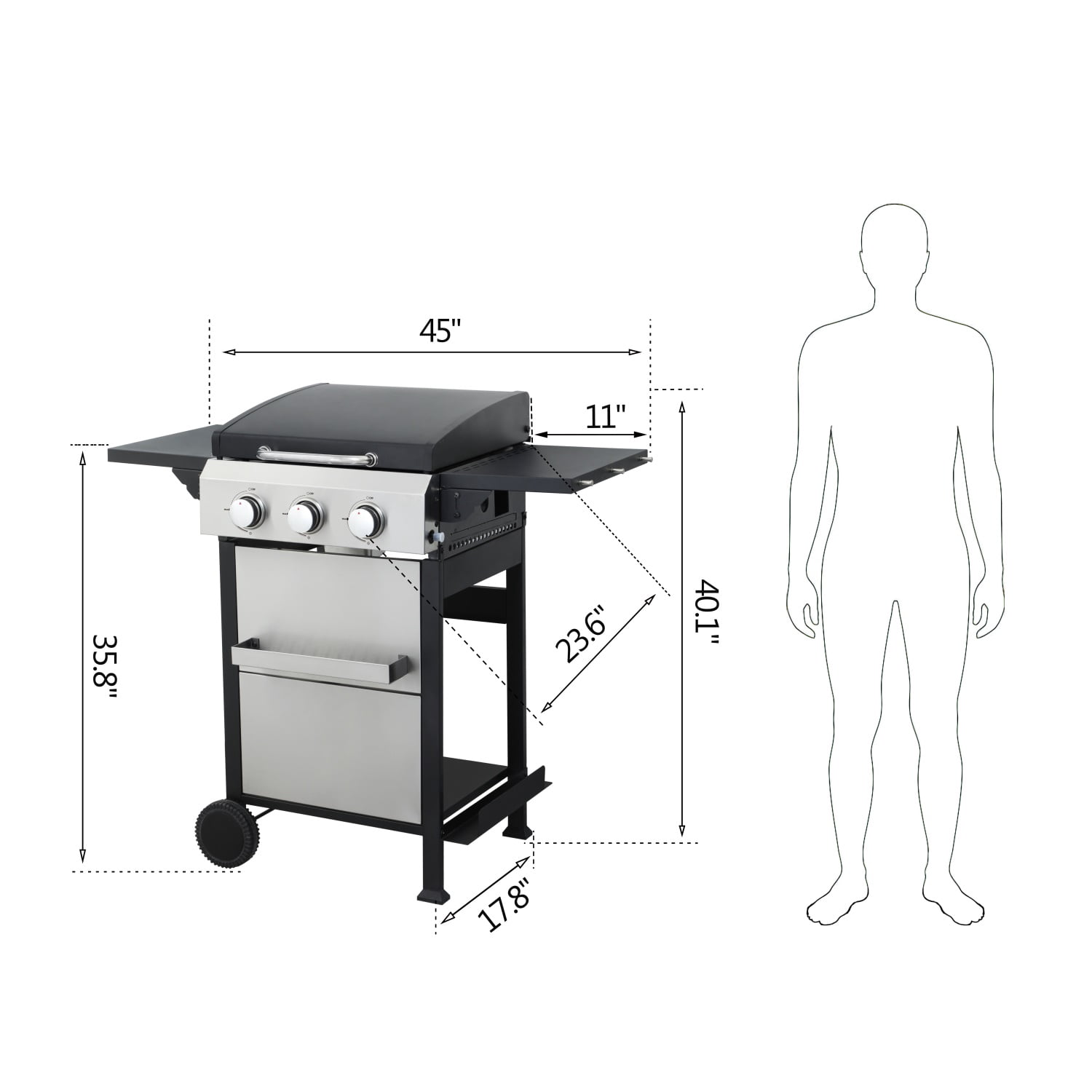 Hommoo 3-Burner Propane Gas BBQ Grill, BBQ Grill with SS Plancha and Foldable Side Table and Wire Enamel Cooking Grids, for Outdoor Barbecue