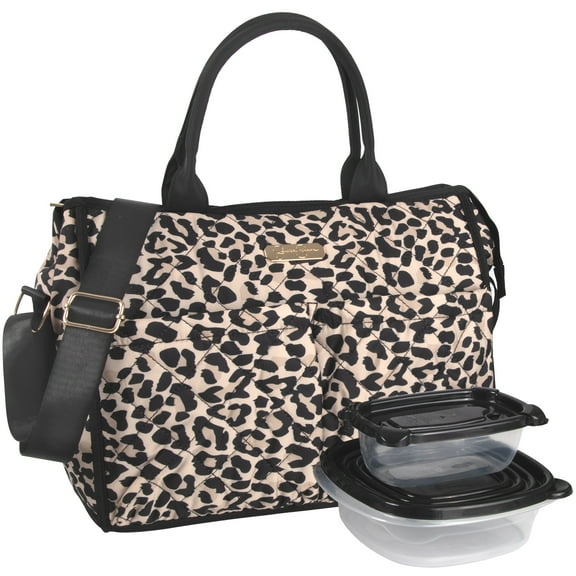 Jessica Simpson Women's Quilted Insulated Reusable Cooler Lunch Bag Crossbody Tote with 2 Food Containters for Work, Travel, Commute, Recreation, Beach and Picnic in Leopard