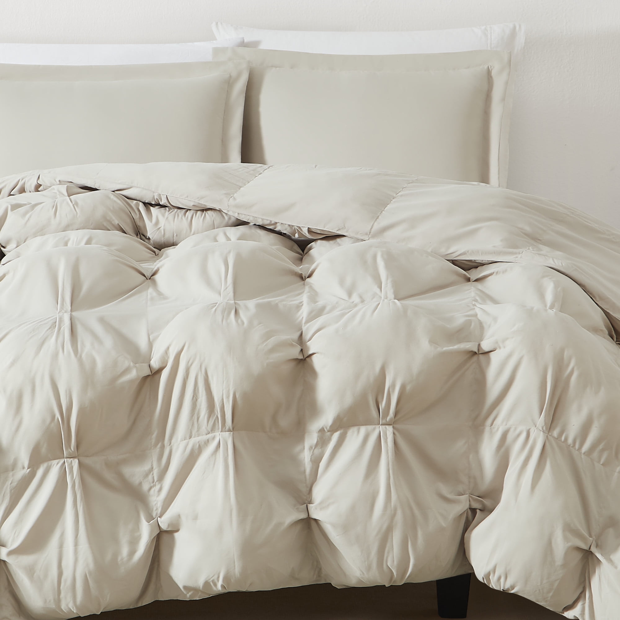 Truly Soft Cloud Puffer Boxed Pleat 100% Microfiber Polyester Beige 3-Piece Full/Queen Comforter Set, Solid Casual themed, Adult Bedding, OEKO-TEX Certified