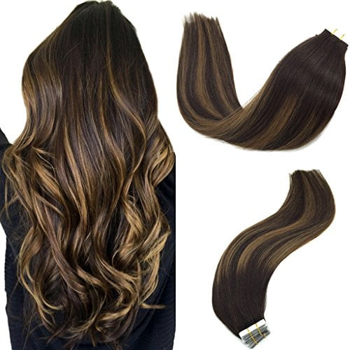 Googoo Balayage Human Hair Extensions Tape In Ombre Dark Brown To Light Brown Natural Tape In Hair Extensions Remy Straight 50g 20pcs 16 Inch