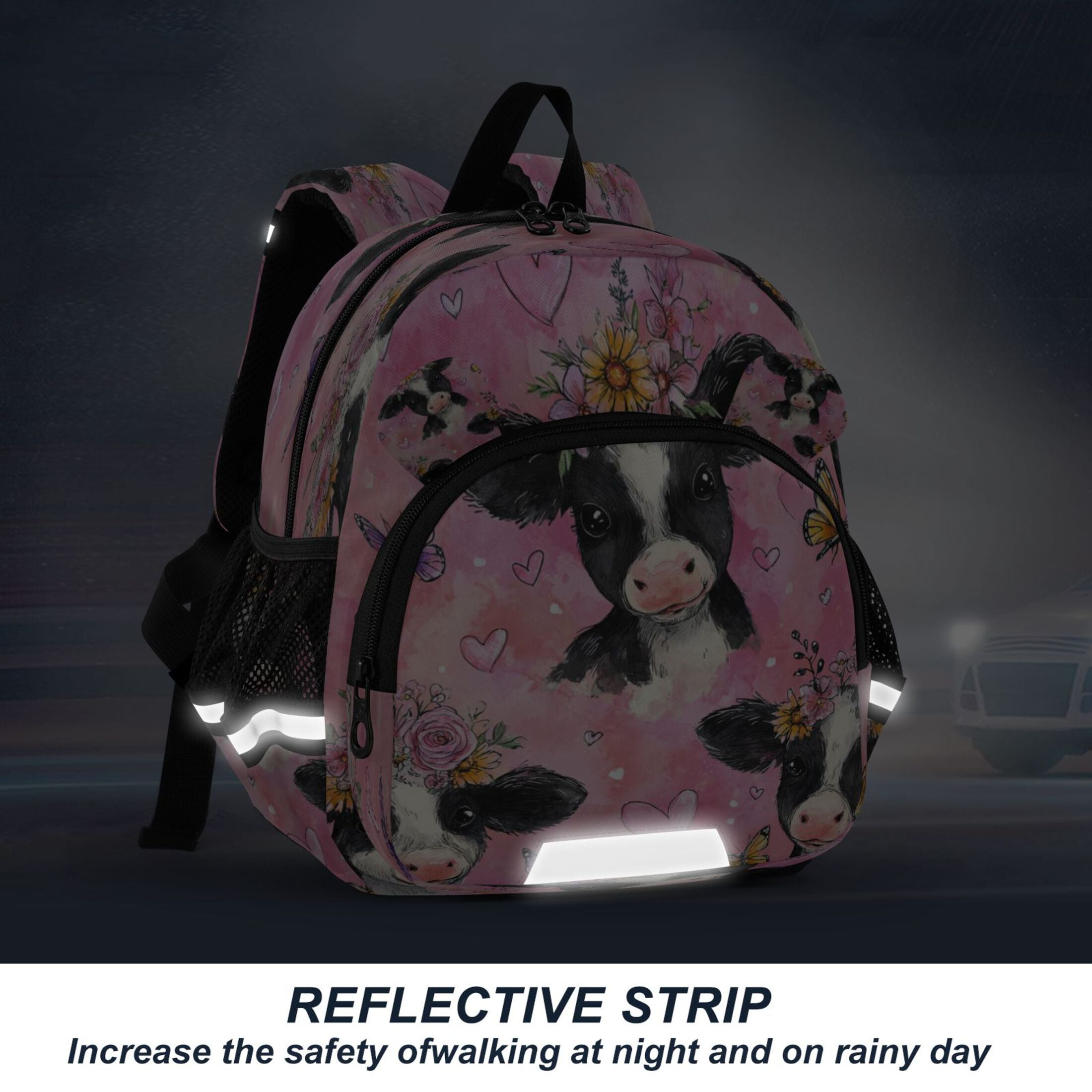 RMDQTR Adorable Ear-Print Backpack with Reflective Strip and Anti-Lost Leash Adjustable Shoulder Straps Mini Travel Backpack Cute Baby Cows with Flowers