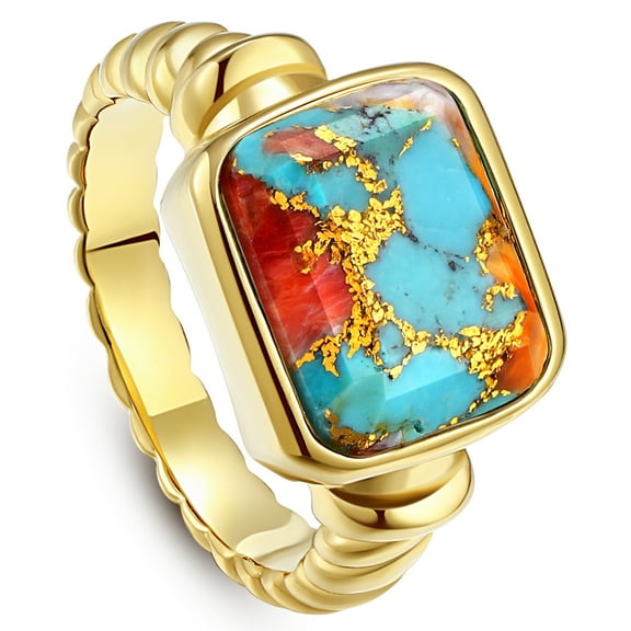 JQUEEN Women's 14K Gold Plated Statement Rings Rectangle Oyster Turquoise Signet Ring Stainless Steel Twisted Cable Band Size 5-10