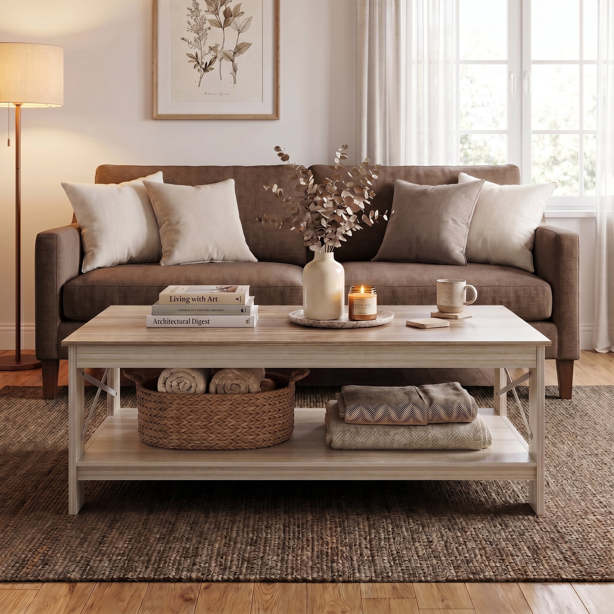 BEAUTYPEAK 40"x22" Coffee Table with Storage Shelves Rectangular Living Room Center Table, Beige
