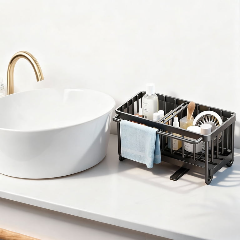 BEVTEE Dish Brush Holder with Towel Bar, Black photo 4