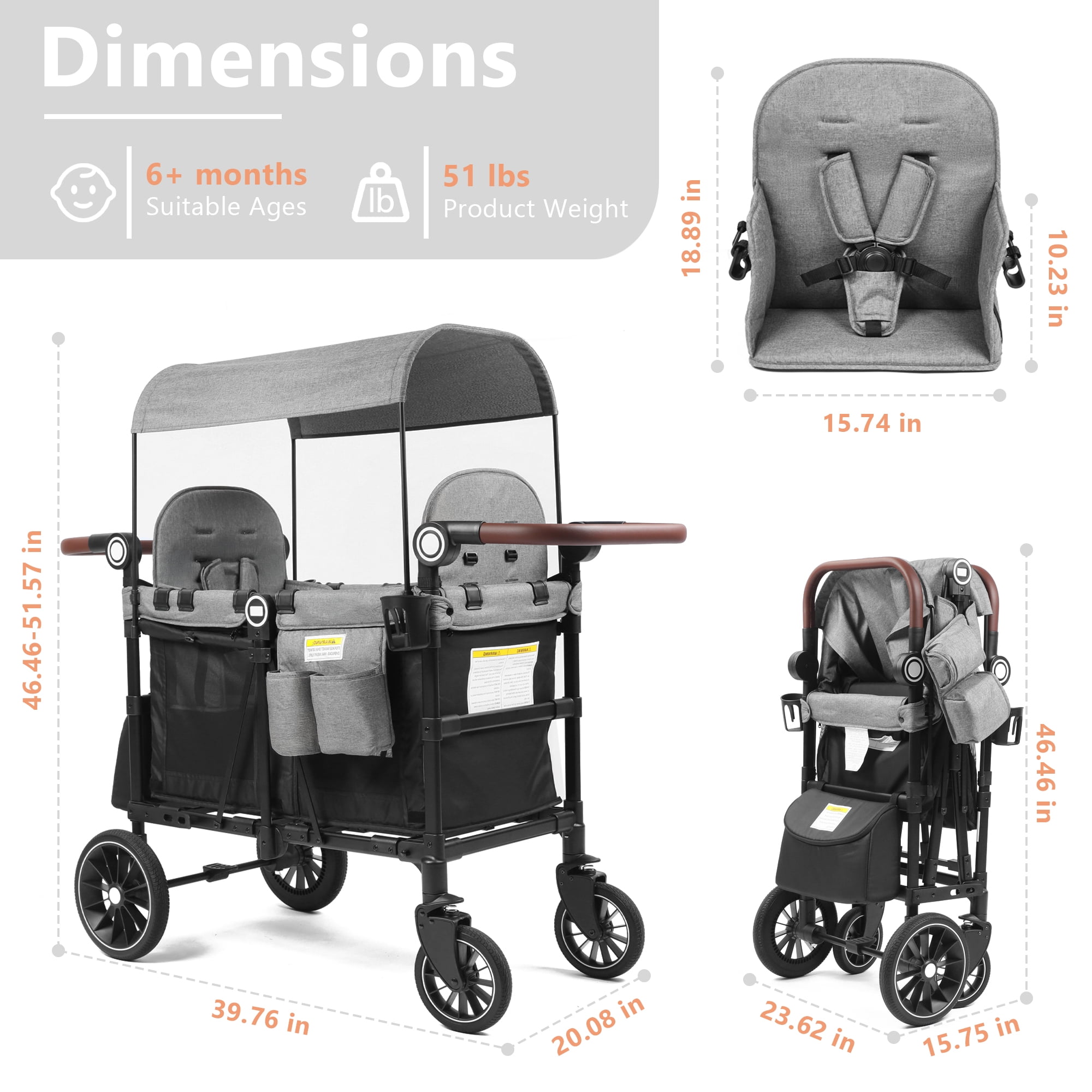 AILEEKISS Stroller Wagon for 2 Toddlers with Canopy, All-Terrain Baby Wagon, 55 Pounds, Black Grey