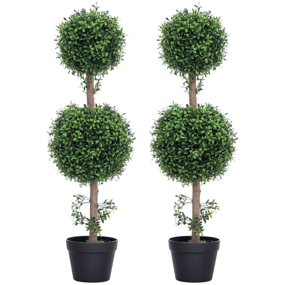 HOMCOM 2 Pack Artificial Boxwood Topiary Ball Trees, Fake Plants in Pot