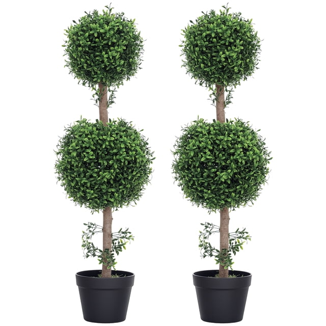 HOMCOM 2 Pack Artificial Boxwood Topiary Ball Trees, Fake Plants in Pot
