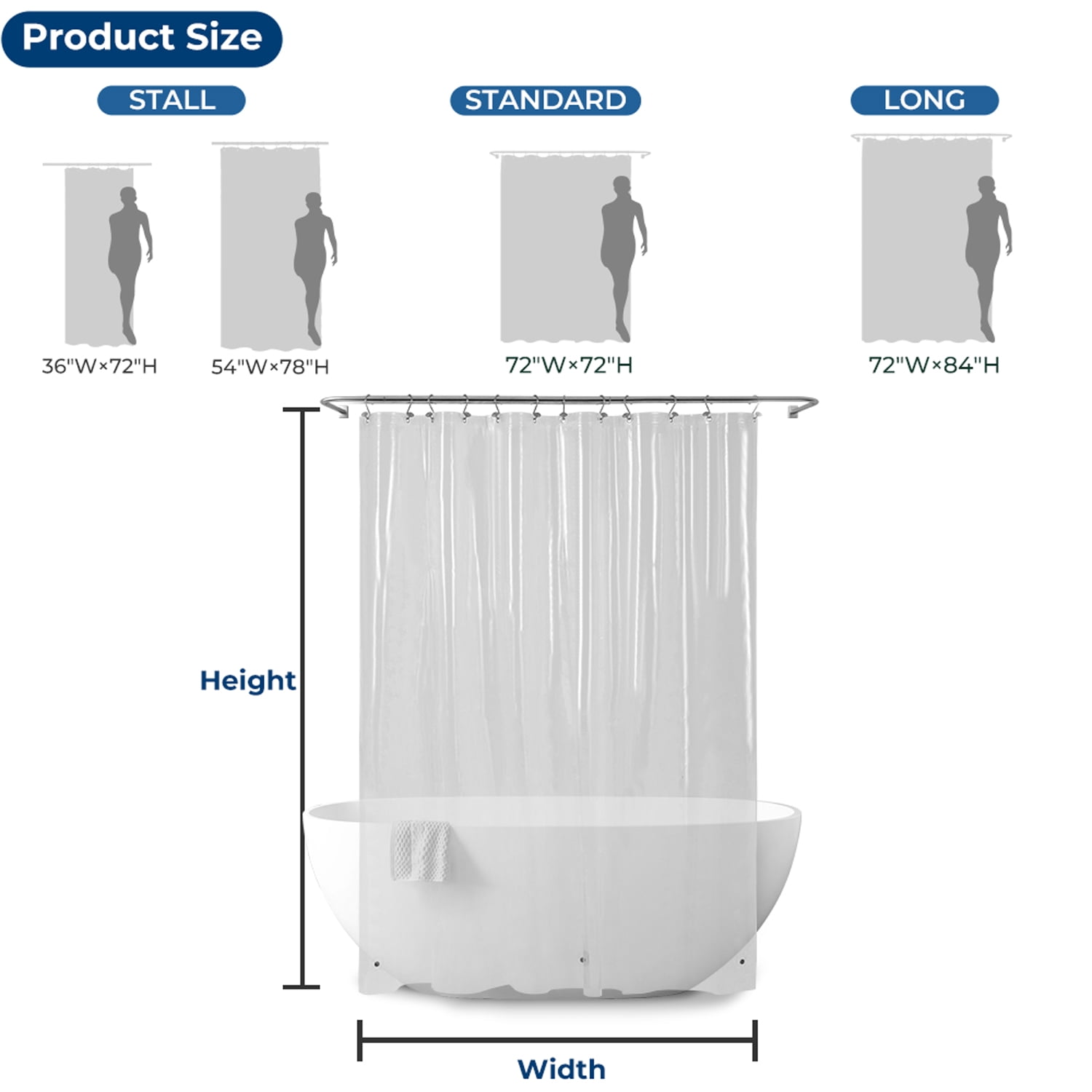 Yiannan Clear Black PEVA Shower Curtain Liner, Rustproof Grommets, Waterproof, 3 Magnets，72x78