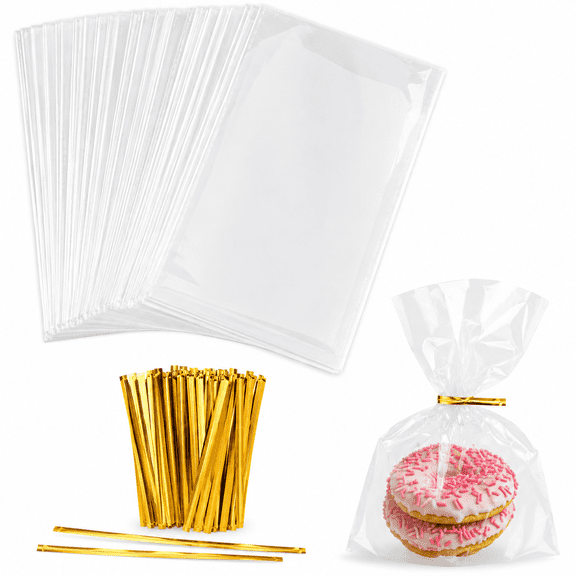 100 Pack Small Clear Cellophane Treat Bags 4x6 Inch with Twist Ties for Candy, Cookies, Gifts, Jewelry, Samples, and Craft Packaging