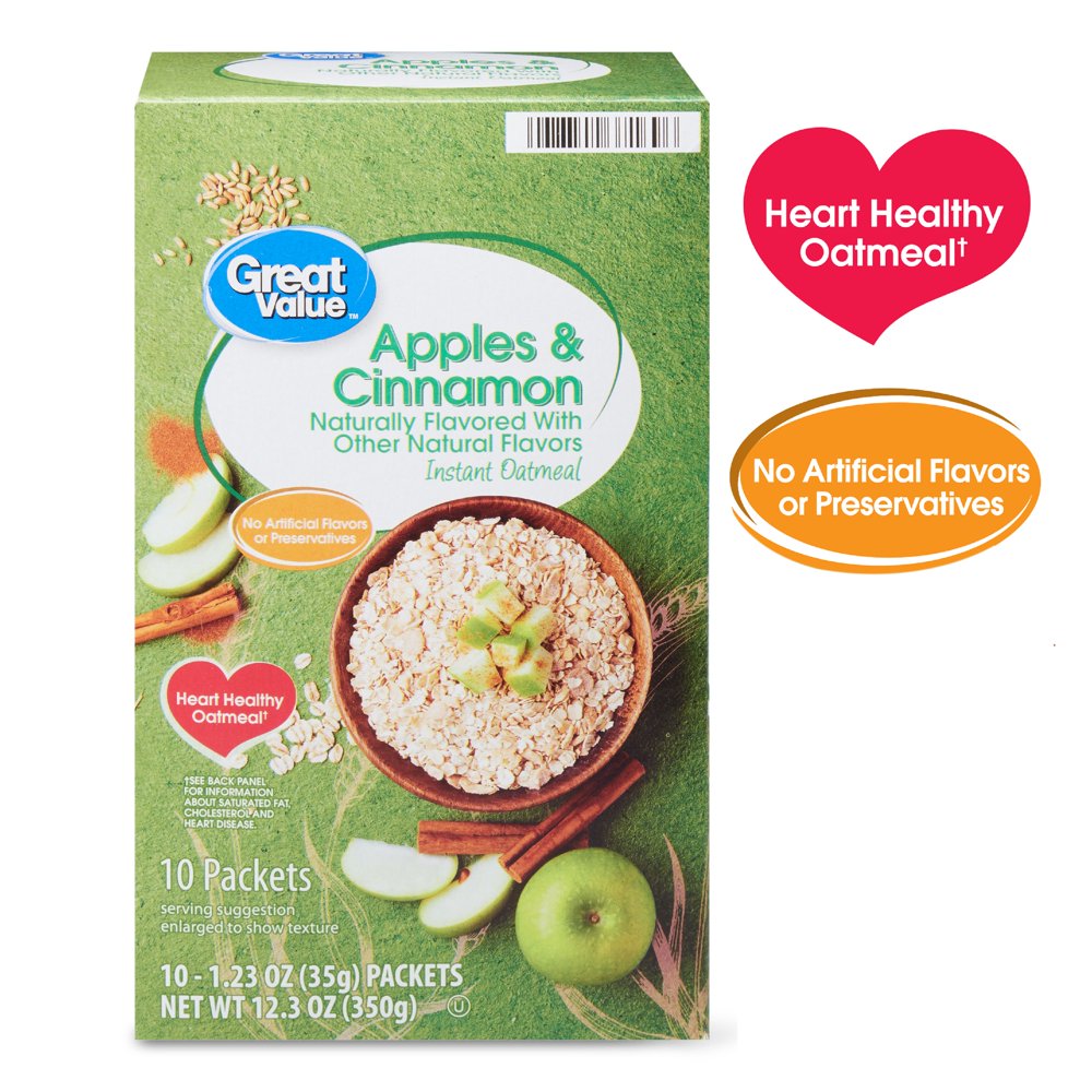 Great Value Apples & Cinnamon Instant Oatmeal, 1.23 oz, 10 Count