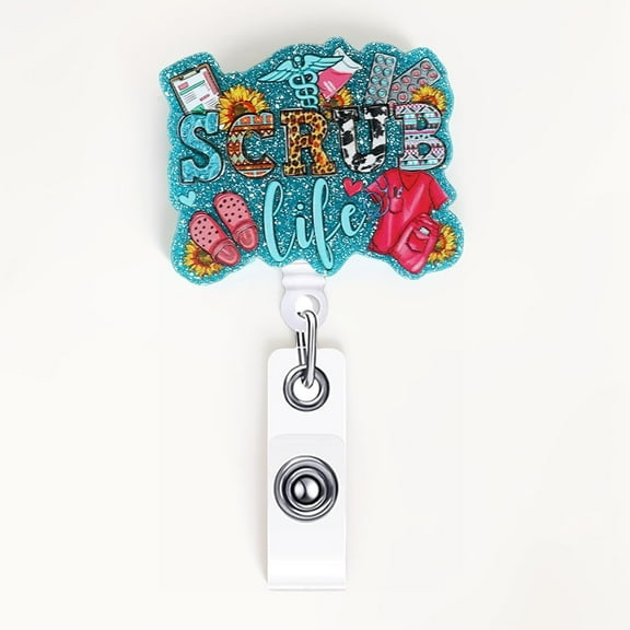 Sparkling Blue Nurse Badge Reel Holder with Swivel Clip - Retractable ID Badge Reel for Nurses, Doctors, Office Workers (Scrub Life)