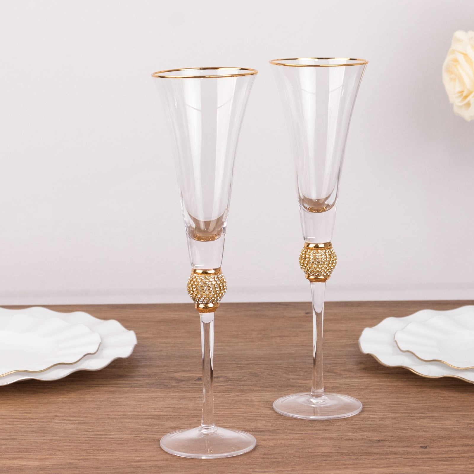 BalsaCircle 6 Clear Champagne Flute Glasses 6oz Gold Rim Design with Rhinestones Party Events Decorations
