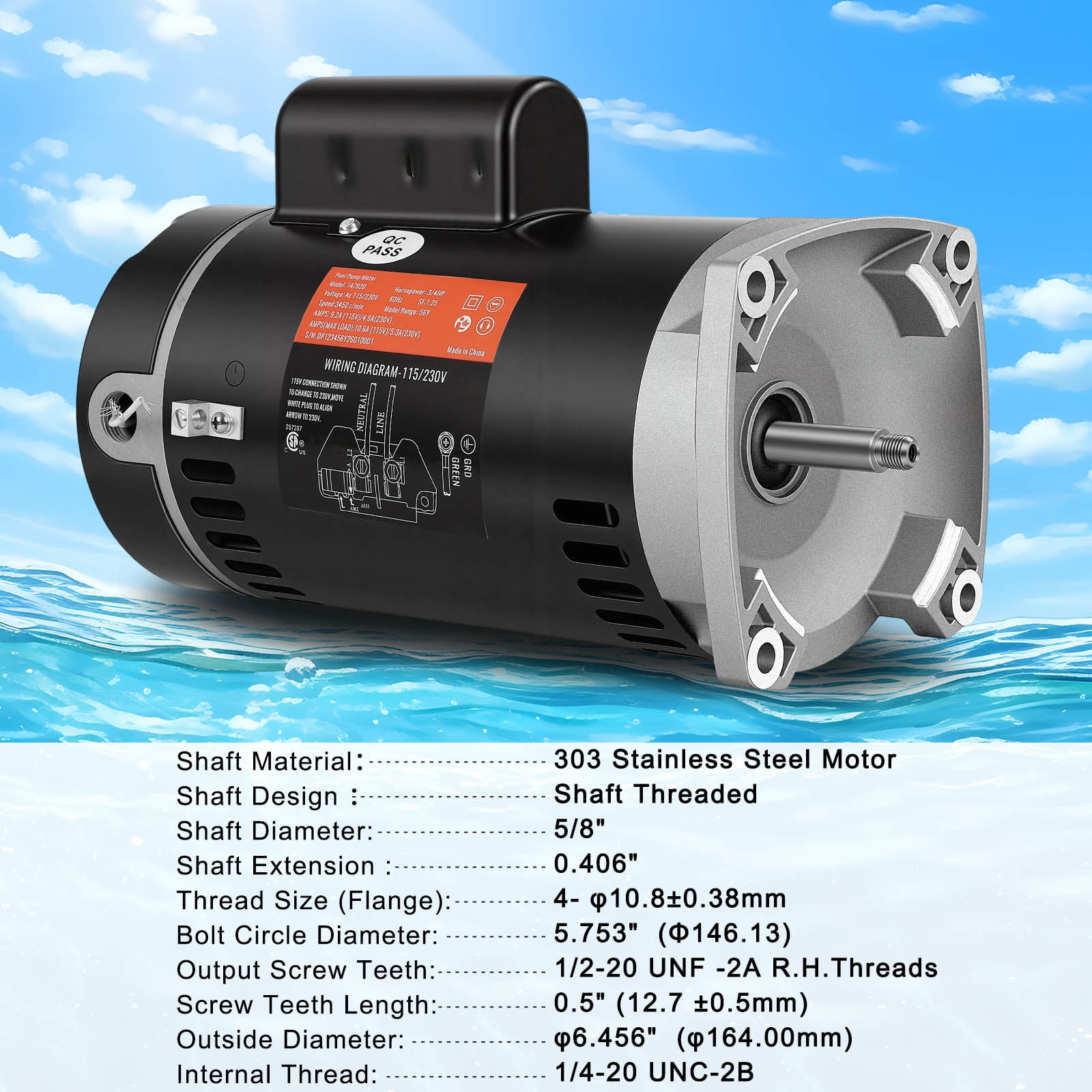 B2852 Pool Pump Motor - Swimming Pool Pump Motor, 3450 RPM, 3/4 HP, 115/230V, 56Y Frame, 303 Stainless Steel Shaft, Replacement Motor for Outdoor/Indoor Swimming Pool