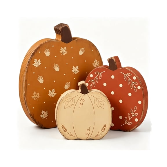 Fall Decorations Set of 3 Pumpkins - Farmhouse Rustic Autumn Harvest Thanksgiving Tiered Tray Decor for Table Mantel Shelf Indoor Home Decor