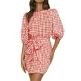 thumbnail image 2 of Qmyliery Women's Summer Casual Plaid Dress Lantern Sleeve Round Neck Mid Waist Tie Up Dress, 2 of 8