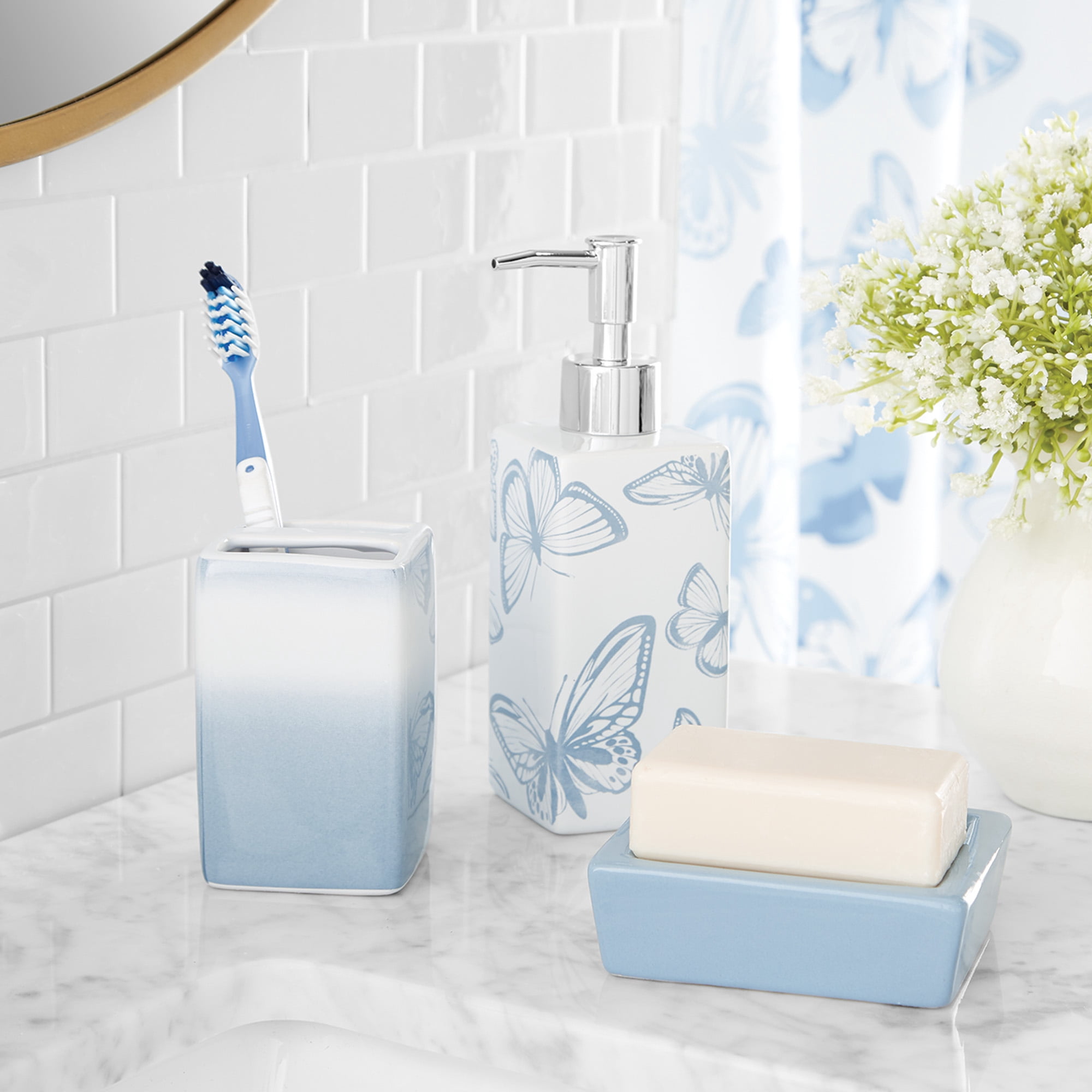 Mainstays 17-Piece Butterfly Polyester/Ceramic Shower Curtain & Bathroom Accessory Set, Blue & White