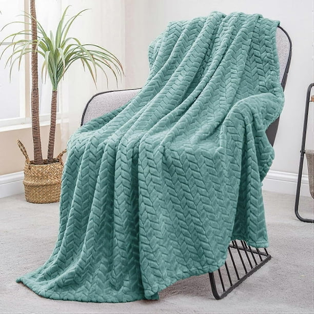 Flannel Throw Blanket, 127x178 CM Sofa Throws, Soft Jacquard Weave Leaves Pattern Throws for Sofa,Celadon Blanket