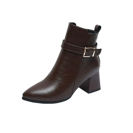 

Womens Ankle Boots & Booties Chunky Heel Pointed Toe Leather Buckle Combat Booties Military Riding Boots