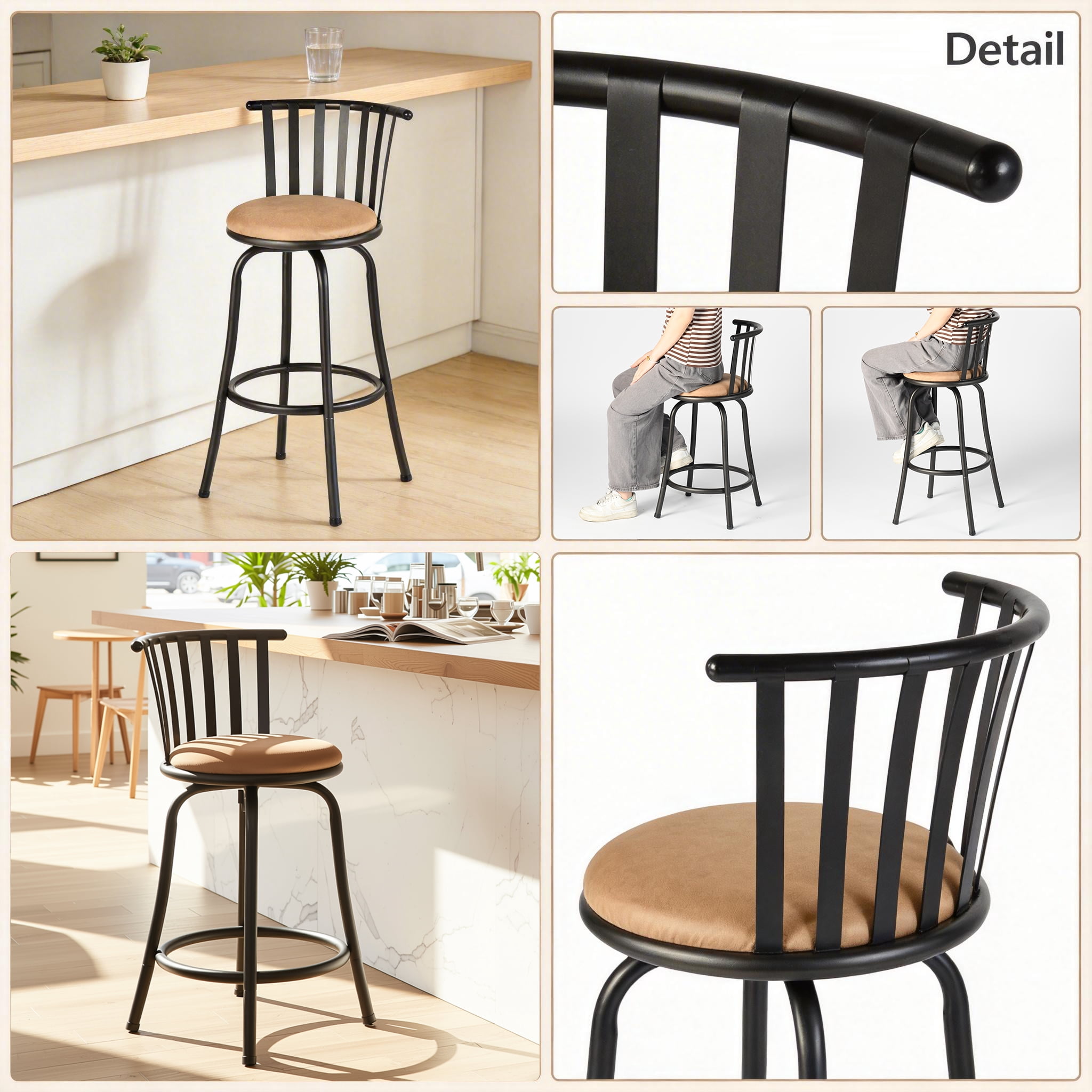 Homy Casa Swivel Counter Height Bar Stools Set of 3 with Back, Adjustable Upholstered Modern Bar Chairs for Kitchen Island, Brown