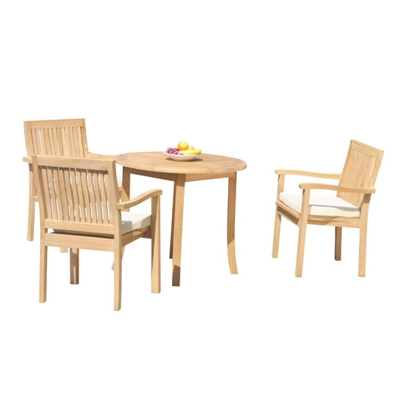 Grade-A Teak Dining Set: 3 Seater 4 Pc: 36" Round Table And 3 Leveb Stacking Arm Chairs Outdoor Patio WholesaleTeak #51LV0704