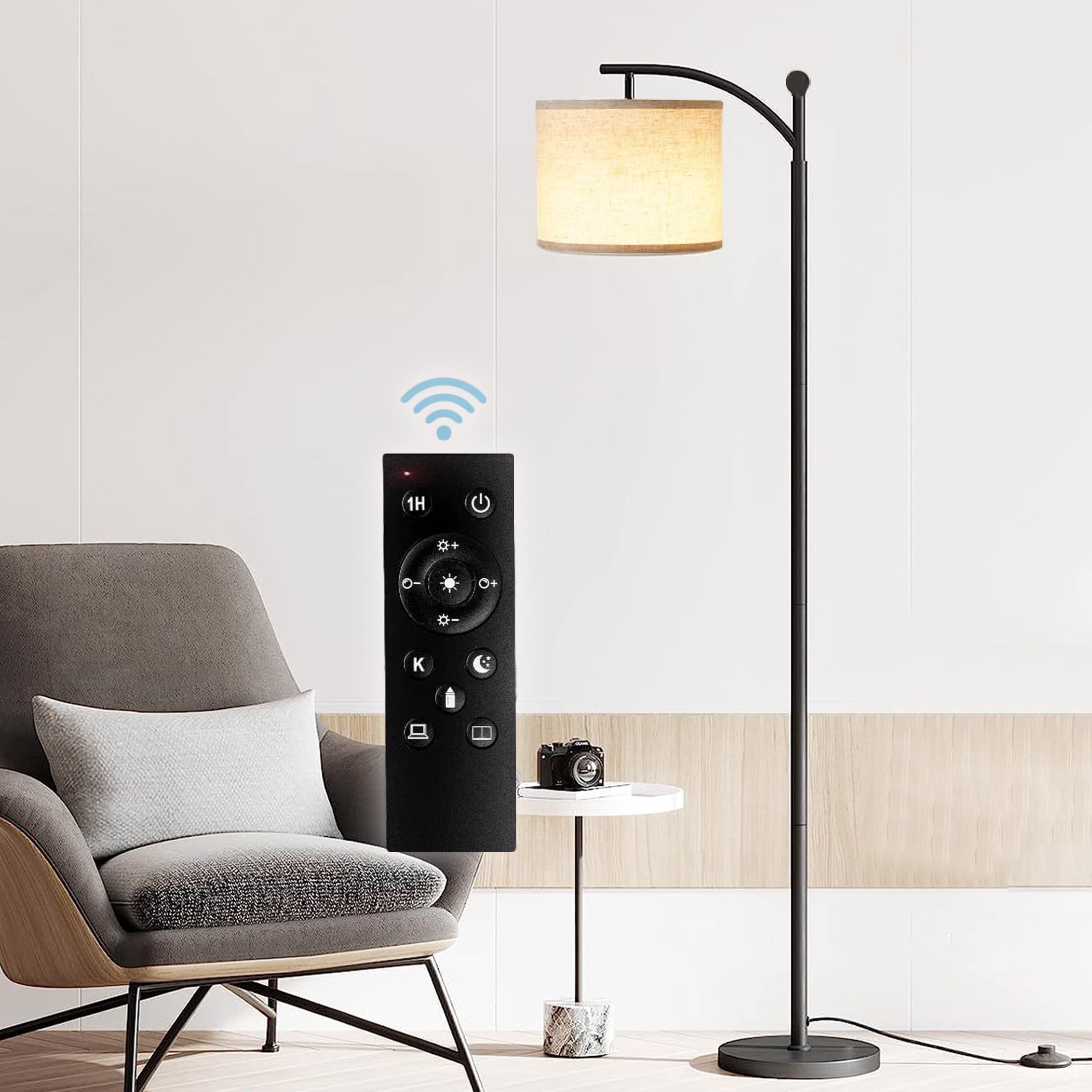 Dimmable Floor Lamp with Remote , Arc Floor Lamps for Living Room, Modern Standing Lamp with Linen Shade & 3 Color Temperatures LED Bulb, Tall Lamp for Bedroom Office Dining Room- Black