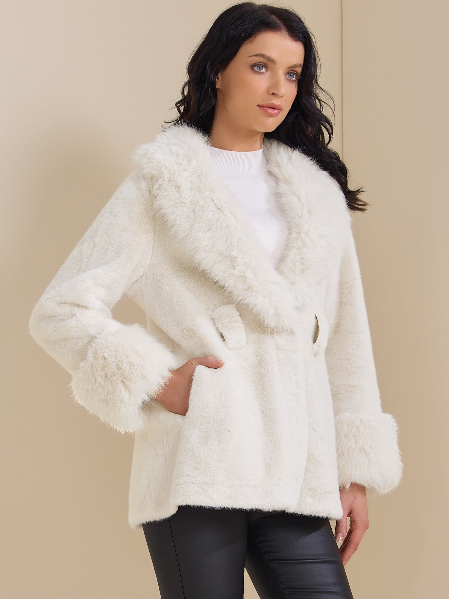 DARING DIVA Women's Faux Fur Long Sleeve Lapel Shaggy Jacket With Pockets L White
