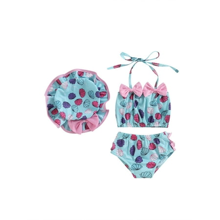

Qtinghua Infant Baby Girls Summer Swimming Sunsuit Ruffle Sleeveless Bow Vest Bottoms Shorts Hat Bikini Tankini Lake Blue 12-18 Months