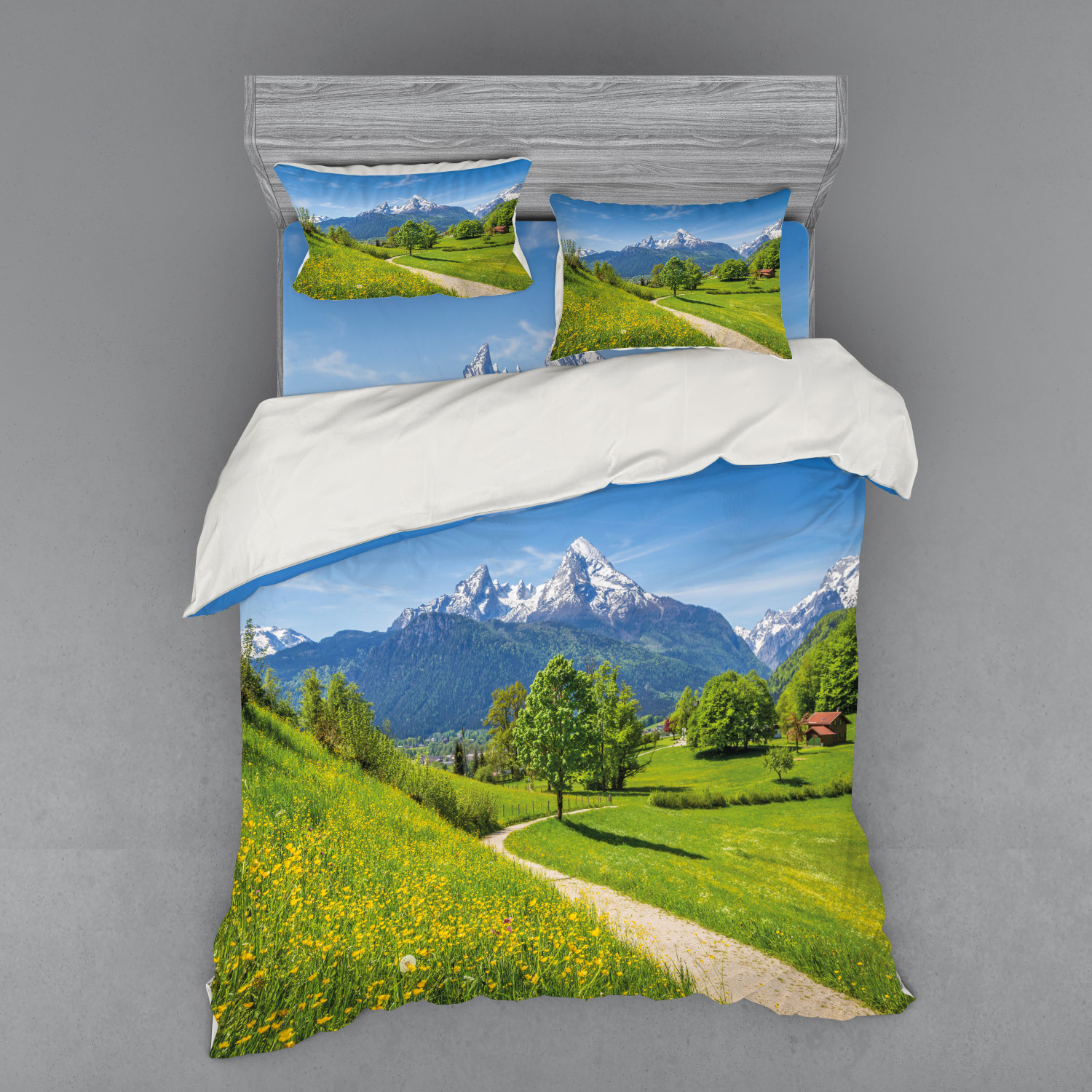 Landscape Duvet Cover Set, Wildflowers in the Alps and Snowcapped