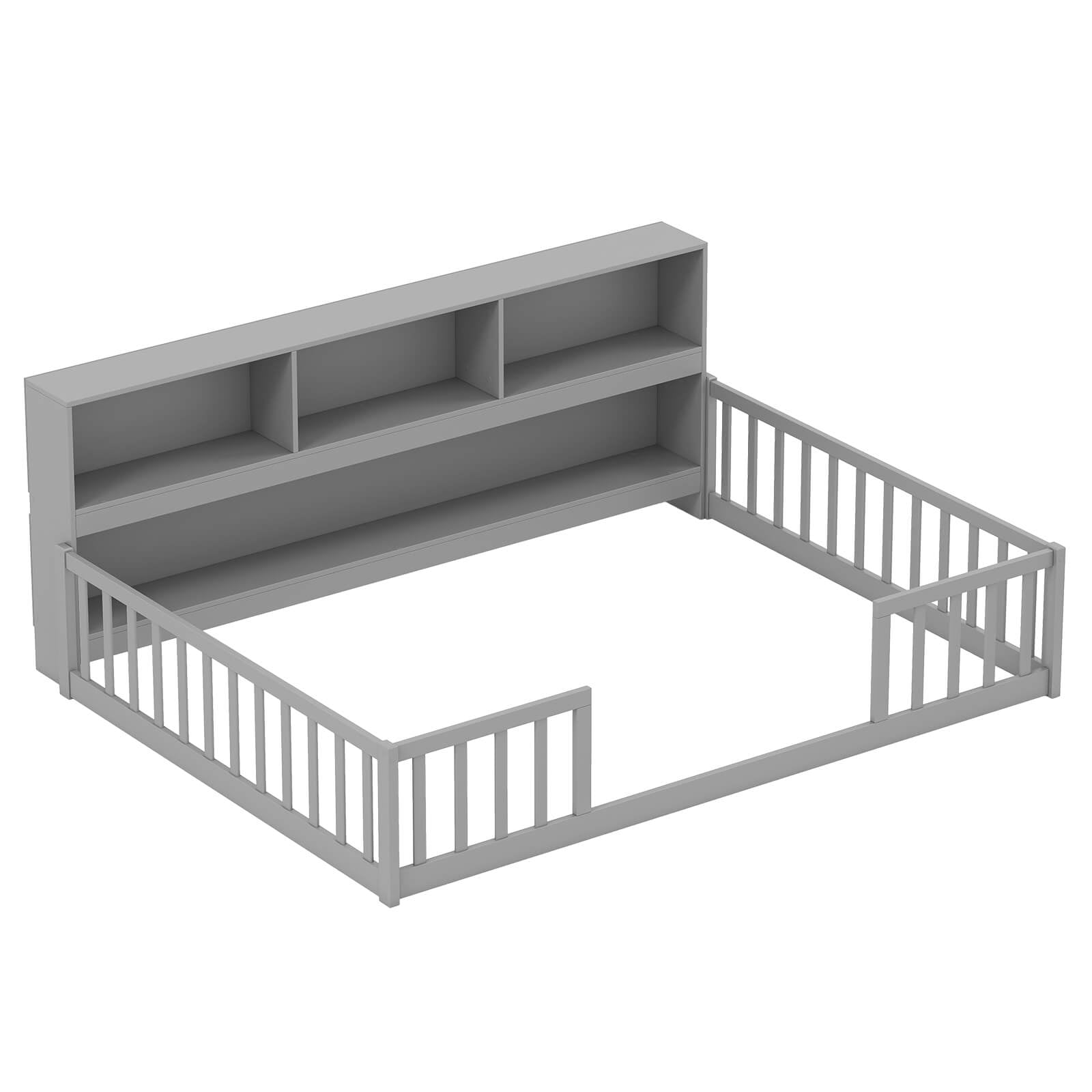 Costway Full Size Montessori Floor Bed with Bookcase Storage Shelves & Safety Fence Rails Gray
