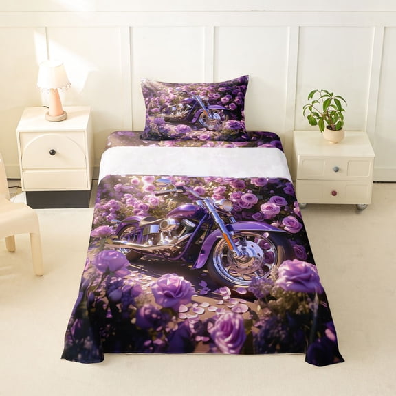 Castle Fairy Purple Motorcycle Twin Sheet Sets 3pcs for Teens, Rose Garden Art Bedding for Bedroom, Purple Pink