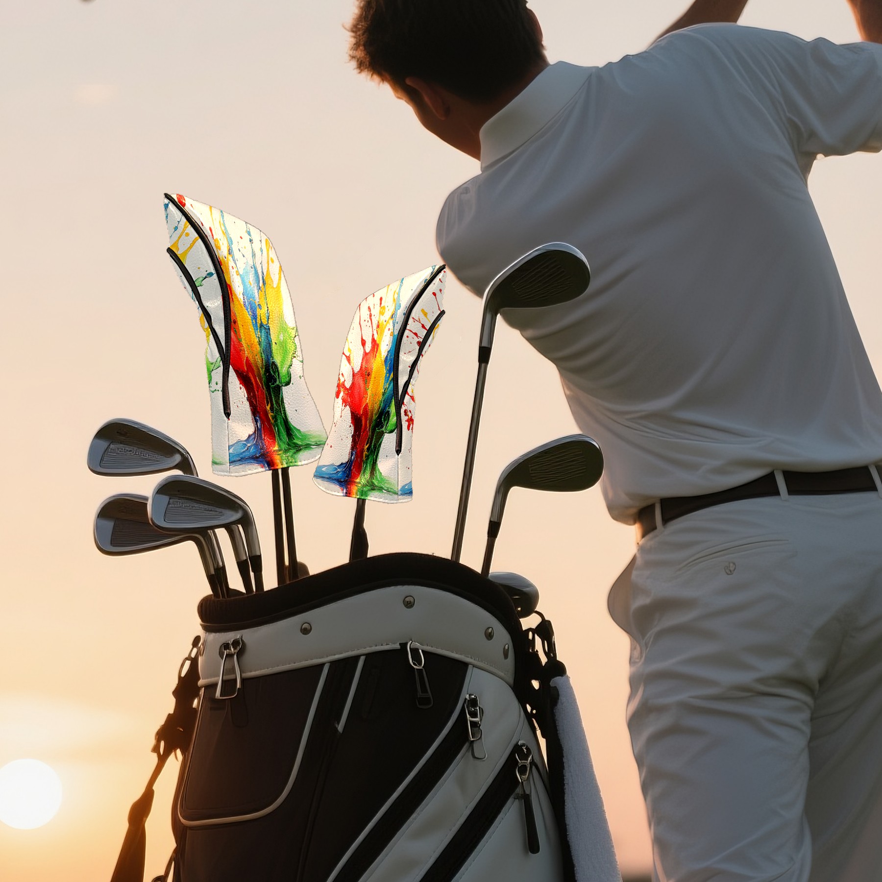 Golf Head Covers Pigment Tie-dye Design for Driver, Wood & Hybrid, Premium Waterproof PU Leather with Plush Lining, Unique Golf Gifts