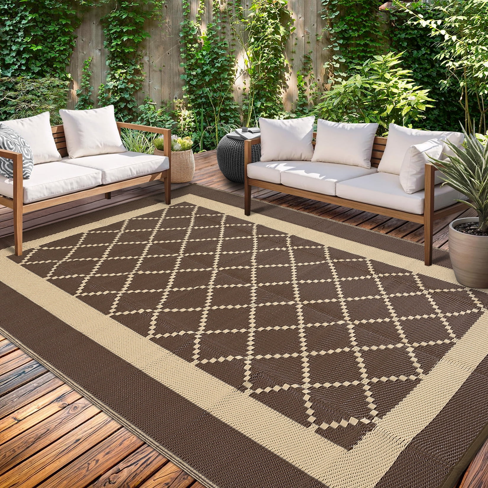 Garvee Outdoor Rug 9'x12' Waterproof Rug for Patios, Reversible Plastic Straw Rug Camping Carpet Mats for RV, Picnic, Backyard, Balcony, Porch, Beach, Brown