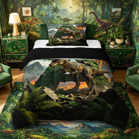 Metsweet Dino Green Letter A Twin Comforter Sets 2pcs, Volcano Tyrannosaurus Rex Bedding Set,Brown Orange,Black Reversible,1 Comforter and 1 Pillowcase