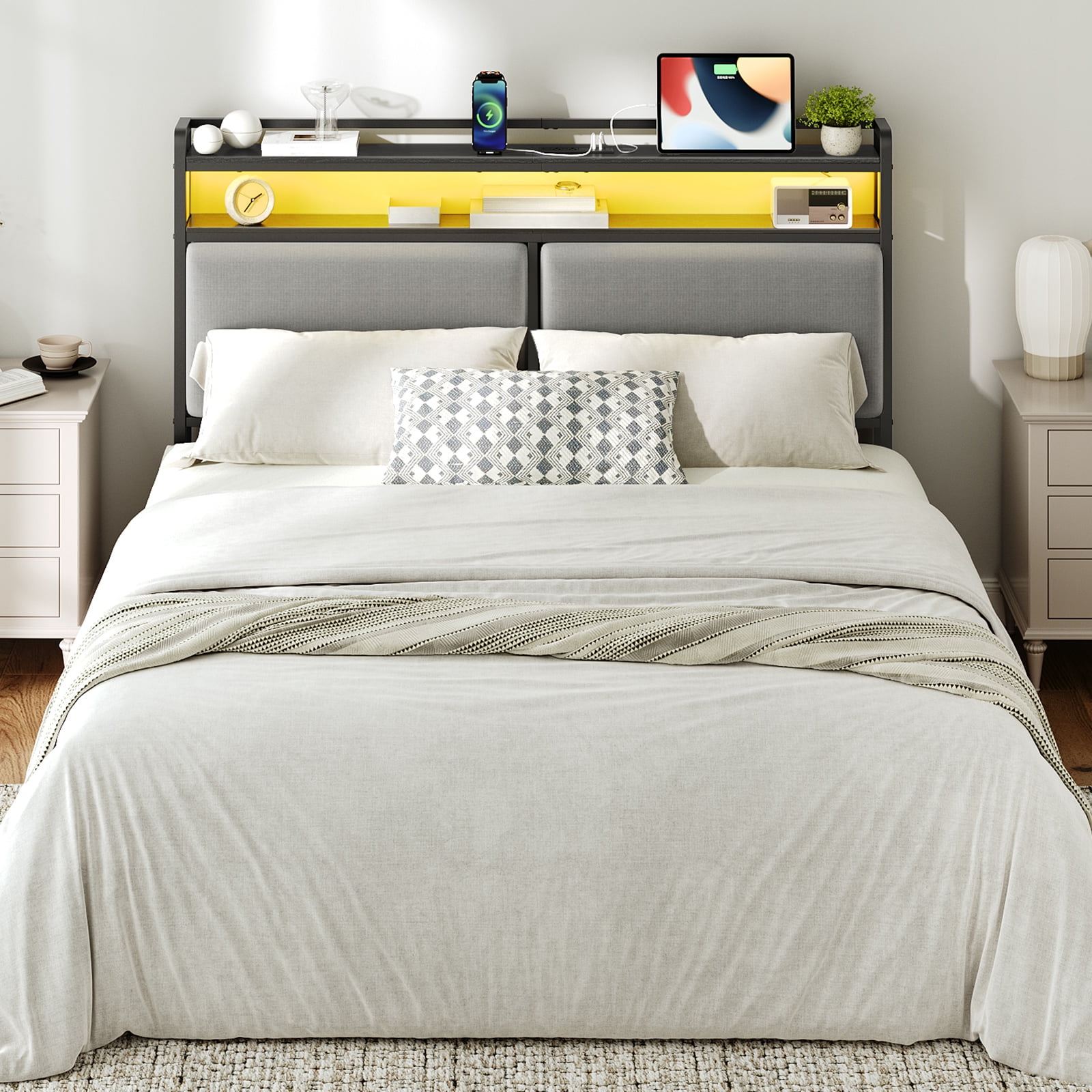 HOOBRO Queen Size Upholstered Headboard, Storage Headboard with Charging Station and Adjustable LED Lights, 2 Standard Outlets and 2 USB Ports, Queen Headboard Only  BB54UDBH01
