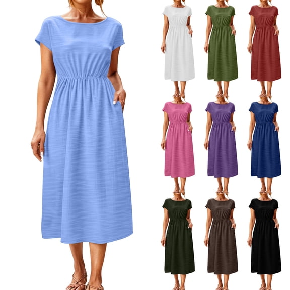 Zynoxe Midi Dresses for Women Casual Round Neck Short Sleeve Stretchable Waist Summer Dresses Flowy Breathable Beach Dresses with Pockets Blue S