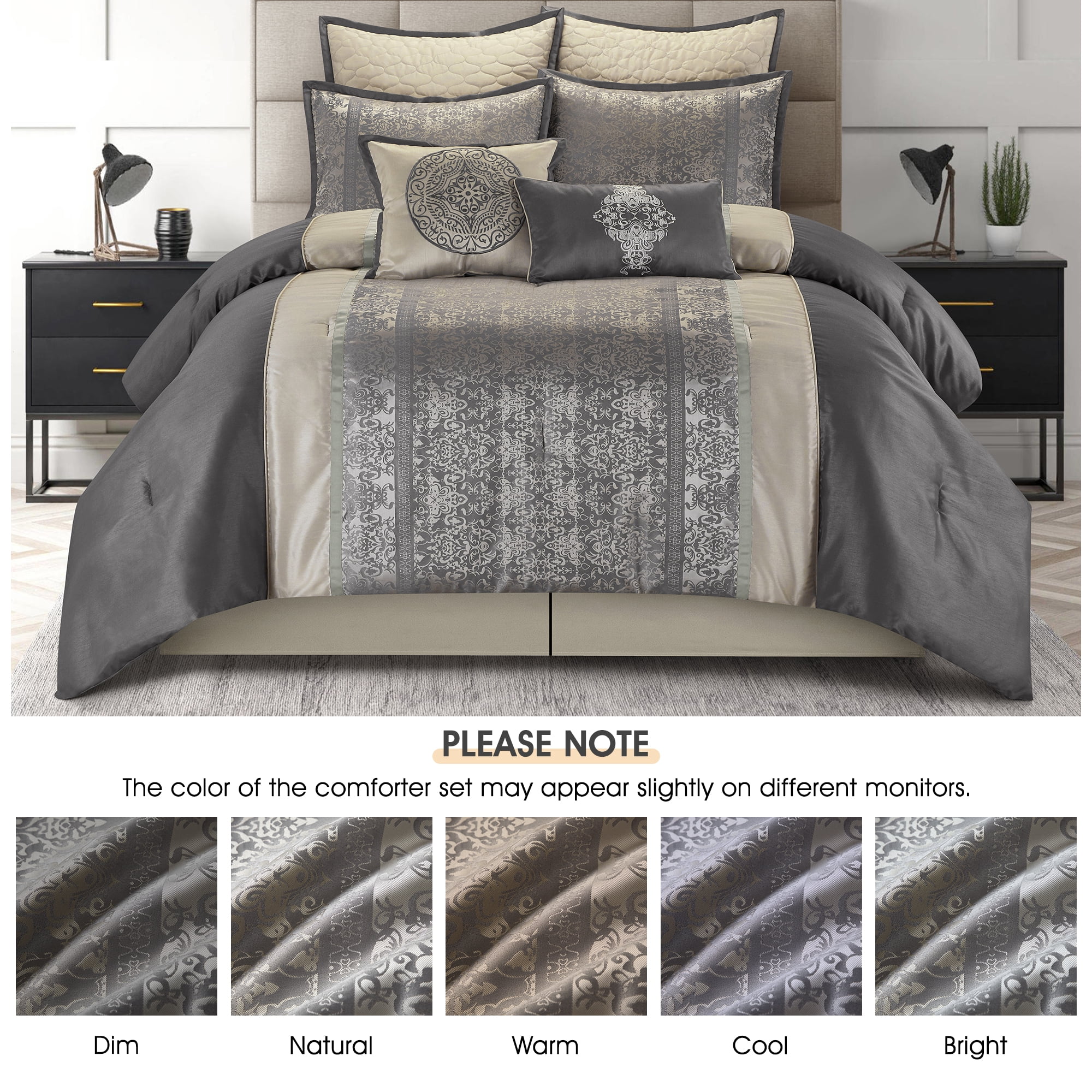 Lanco Damask 8 Piece Comforter Set, Silver/Ivory, King, Fill Polyester, Patchwork