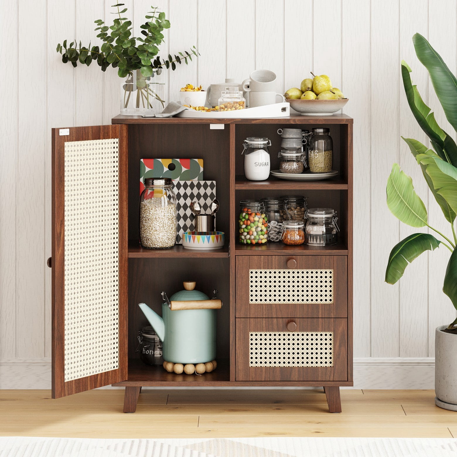 Rattan Buffet Cabinet with Drawers & Adjustable Shelf, Modern Farmhouse Sideboard Storage Cabinet for Living Room, Kitchen, Entryway, Walnut