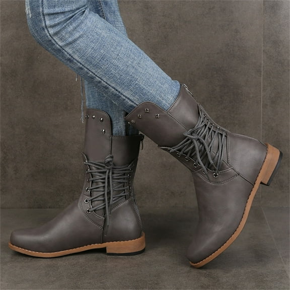 VKEKIEO Boots For Women Round Toe High Heel Heels Lace Lace-Up Gray Fall Boots